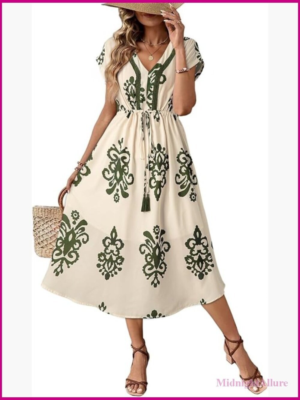 Floral A-Line V-Neck Midi Sundress with Adjustable Waist
